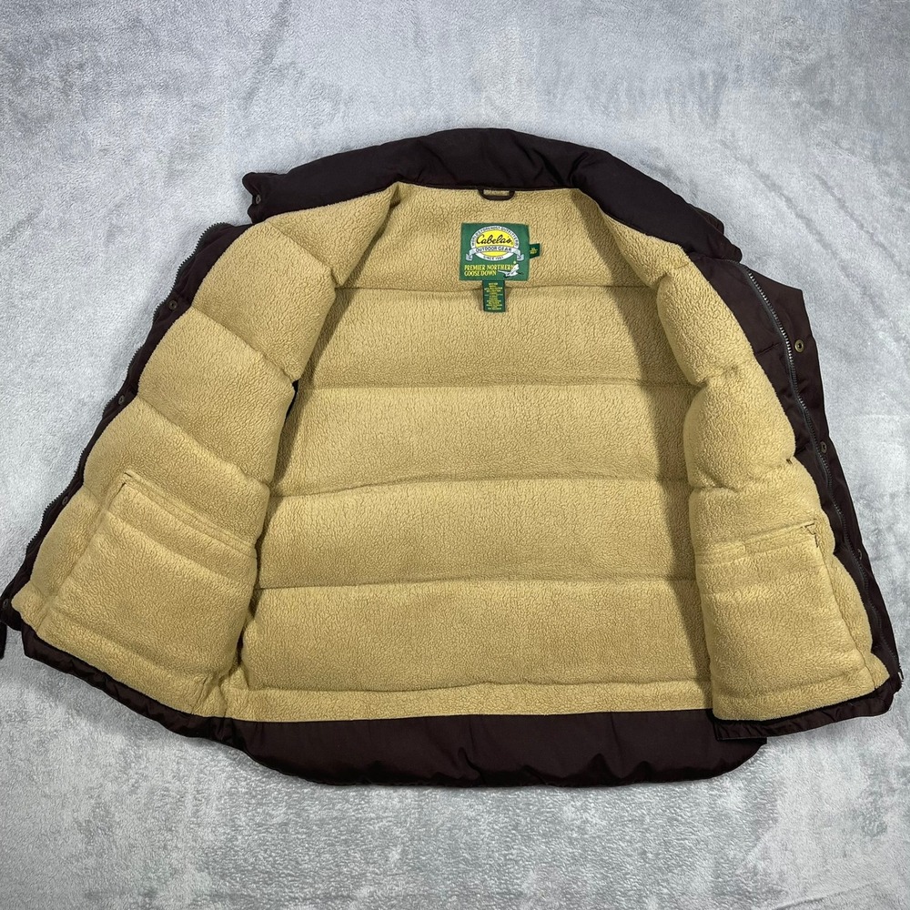 Cabela's Goose Down Puffer Vest Mens XL Brown Fleece Lined Outdoor Utility